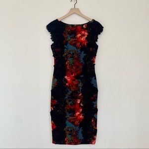 Maggy London Black Lace Detail and Crepe Red Blue Floral Sheath Dress, 6